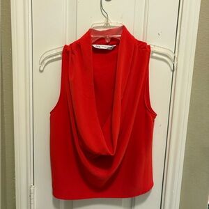 Zara Women's Bold Red Drape Neck Blouse